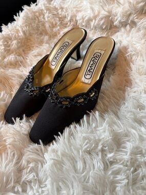 Black Beaded Square-Toe Mule Heels